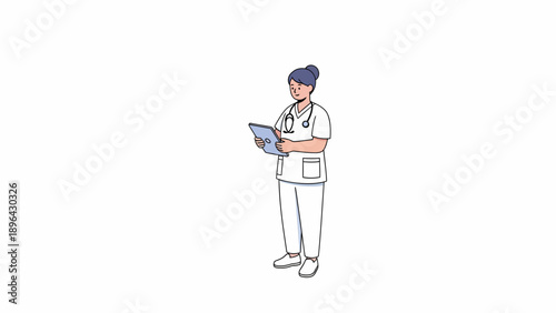 Medical Icon of a Blue-Haired Man Holding a Tablet and Stethoscope in a White Lab Coat