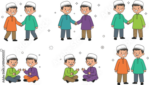 Cute Muslim boys greeting and shaking hands together, Islamic friendship cartoon characters in traditional clothes vector illustration