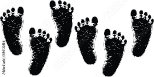 Human footprints silhouettes set, barefoot steps illustration, black foot sole prints isolated on white background vector design collection minimal graphic