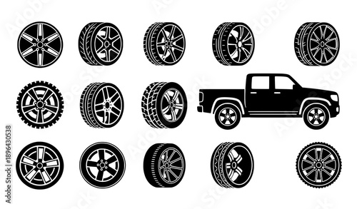 Vehicle wheels and tires silhouette vector collection solid black car hubcaps isolated on transparent background