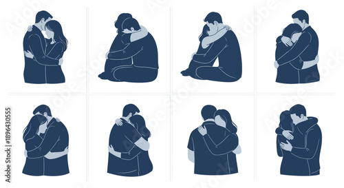 Collection of people embracing, hugging, and showing affection in various poses and intimate moments on a white background, depicted in a minimalist blue-toned illustration style