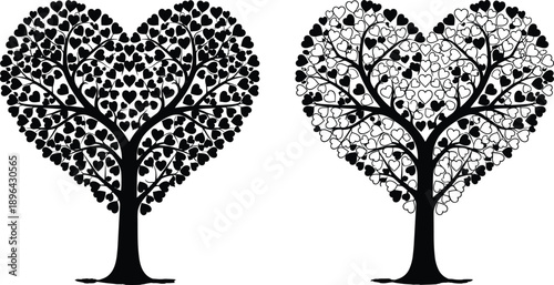 Heart shaped tree silhouette, love concept illustration, romantic nature design, black and white heart leaves artwork, valentine symbol