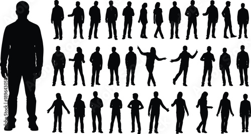 Human silhouette people collection standing poses black figures isolated on white background diverse men women gestures illustration set for design