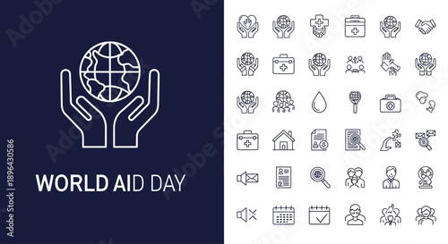 Hands holding the world with various aid icons surrounding, symbolizing global support and care on World Aid Day