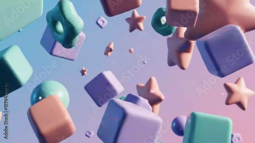 Abstract 3 d rendering of a rocket ship surrounded by colorful objects