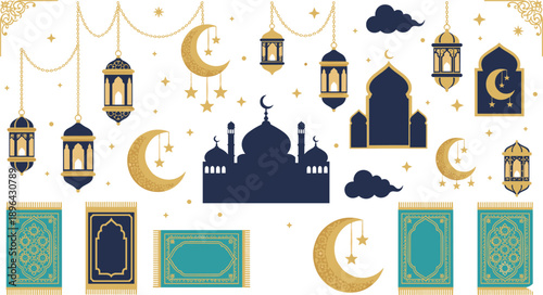 Ramadan Islamic decoration set with lanterns, crescent moons, mosque silhouettes and ornate Quran covers vector illustration