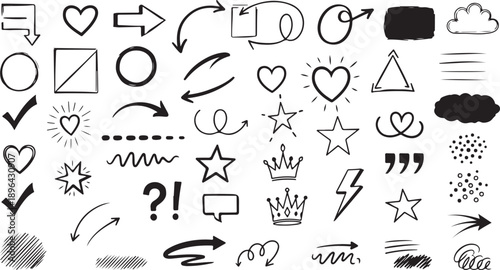 Hand drawn marker brush element set featuring line shapes, underlines, arrows, hearts and crown icons. Sketchy pen strokes and scribble accents for love and decorative graphics. Vector illustration