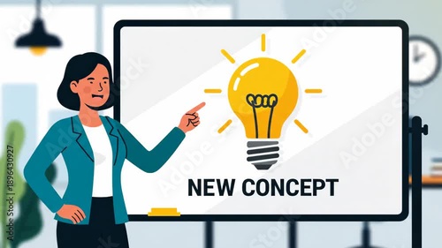 Businesswoman points to bright lightbulb idea on whiteboard presenting innovation and creativity in modern office setting