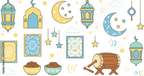 Ramadan Kareem decoration icon set with lanterns, crescent moons, prayer rugs, dates and traditional drum vector