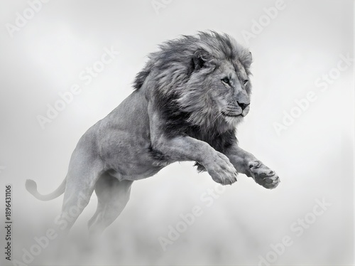 Powerful Male Lion Jumping Dynamically Through Swirling Dust Clouds Wildlife Nature Action Concept
