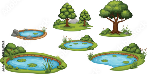 Cartoon forest pond and tree asset set for games maps storybooks educational nature design illustrations