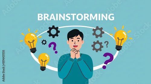 Young man contemplating ideas with glowing lightbulbs spinning gears and question marks surrounding his head symbolizing brainstorming innovation and problem solving in a creative concept animation