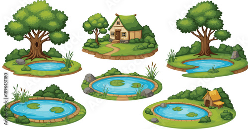 Cute nature landscape elements with trees ponds and cottage illustration set for fantasy game assets storybook art
