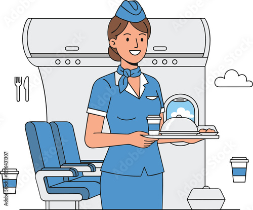 Smiling flight attendant serving food tray inside airplane cabin, professional airline service staff cartoon vector illustration