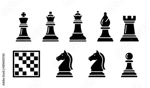 Chess icon vector collection solid black chess pieces and board silhouettes isolated on transparent background