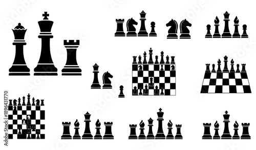 Chess figures and board silhouette vector pack solid black chess pieces isolated on transparent background