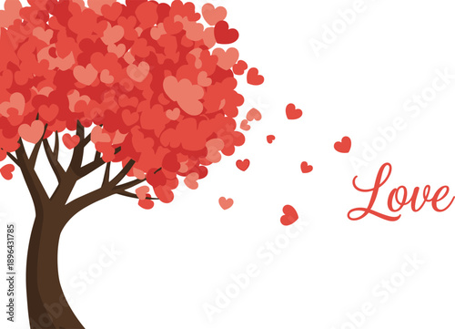 Love heart tree illustration with floating red hearts romantic valentine design for greeting card poster isolated on white background