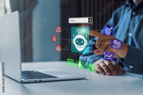 Businessman interacting with a virtual AI chatbot agents connecting to various services. Concept of virtual assistants, smart home control, automated customer support, and IoT connectivity.