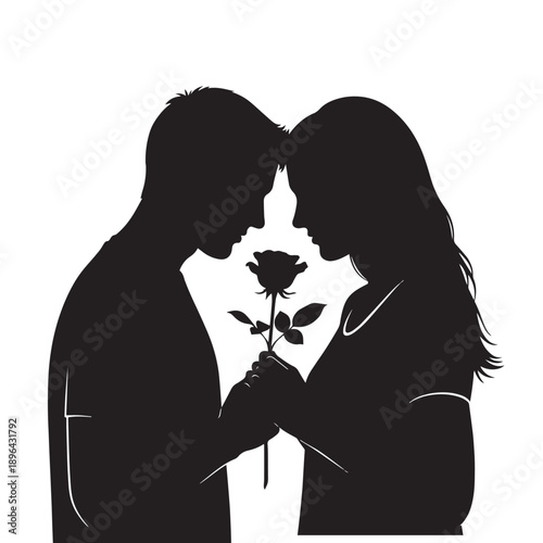 Romantic Silhouette of Couple Sharing Rose