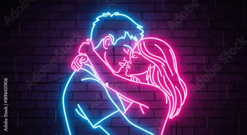 Couple embracing in neon lights against a brick wall at night, viewed from the side