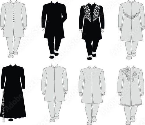 Elegant South Asian Sherwani Collection Featuring Traditional Embroidery, Formal Wedding Styles, Cultural Fashion Designs for Adobe Stock Vector Illustration