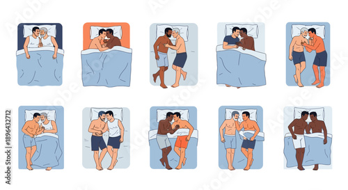Couples in various intimate positions on a bed, showcasing affection and closeness in a serene bedroom setting