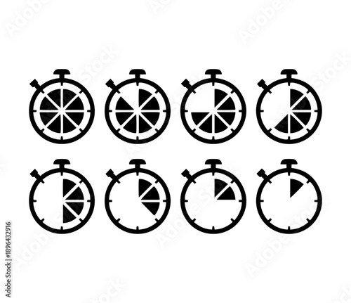 Stopwatch timer progress silhouette icons set, black countdown clock segments for time management and deadline vector illustration