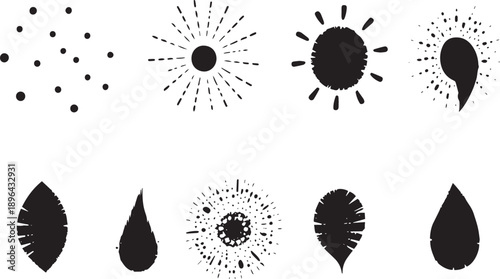 Brush set. Vector black paint brush spots, highlighter lines or felt-tip pen marker. Ink smudge abstract shape stains and smear set with texture