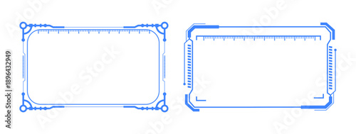 Two futuristic blue user interface frames with technical details, perfect for modern digital displays, headsup display elements, and scifi technology designs.