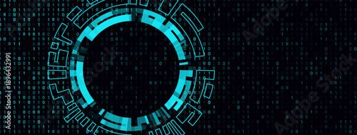 Quadro su tela Abstract digital background with glowing teal binary code 0, 1 flowing downwards and a futuristic circular HUD element