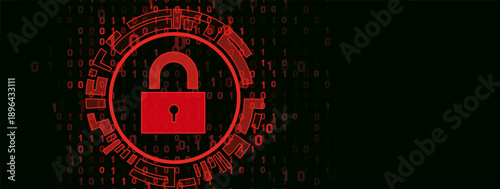 Futuristic Red Lock Icon  Binary Code Technology Background