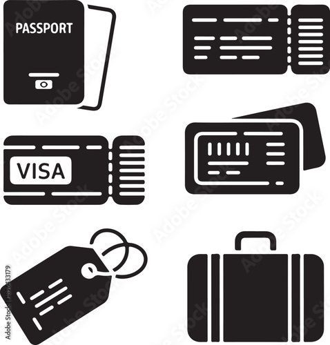 Travel documents and luggage icons for travel and tourism