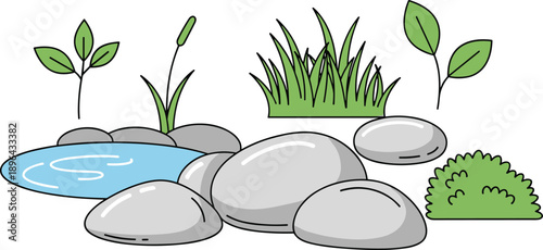 Cartoon nature elements set with rocks grass plants water pond bushes simple game environment vector illustration