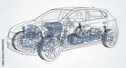 Automotive engineering diagram showing car engine and chassis.