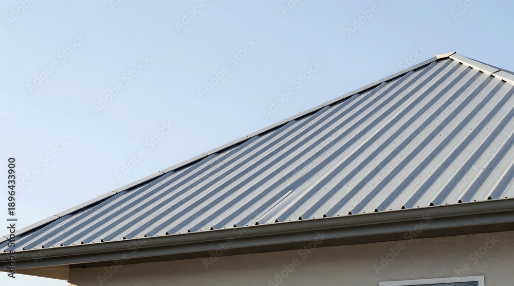 Fototapeta premium Gray metal roof of a house stands against a light blue sky on a sunny day