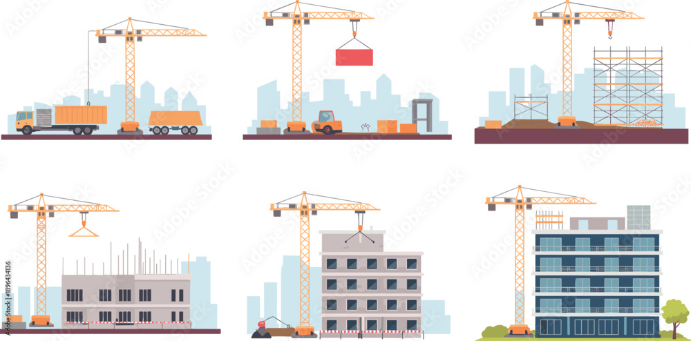 Fototapeta premium Building construction stages, cartoon process illustration, urban development timeline, crane and scaffold graphics, construction site sequence, architectural progress art, educational guide