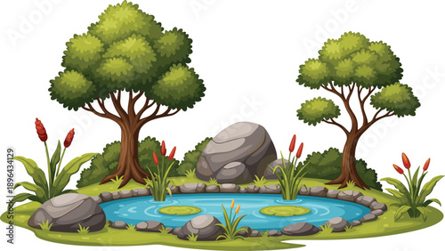 Cartoon forest pond background with trees rocks water plants nature landscape illustration vector scene