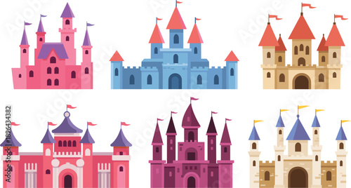 Cartoon castle illustration, fantasy building set, whimsical architecture graphic, colorful fairytale design, medieval tower art, magical kingdom scene, playful structures