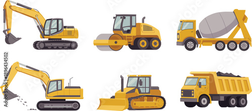 Cartoon construction vehicles, cute machinery icons, kids educational transport, excavator, bulldozer, dump truck, road roller, concrete mixer, vector set