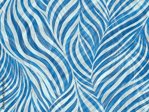 Seamless pattern with abstract, wavy blue and white lines resembling a zebra print, ocean waves, or leaves, perfect as a background for various projects.