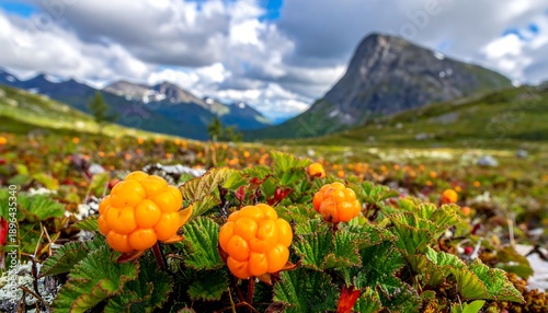 Cloudberries in a Norwegian mountain landscape with dramatic clouds.