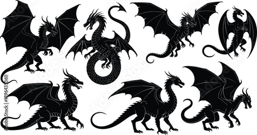 Black dragon silhouette set featuring flying and standing mythical creatures, fantasy monster collection isolated on white background vector