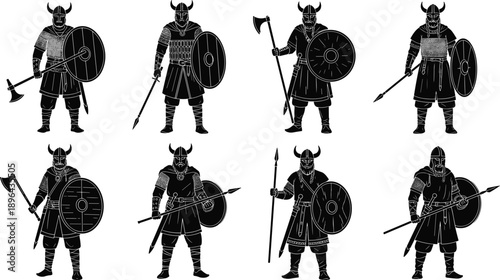 Viking warrior silhouettes set with shields, spears and axes, medieval Norse fighters illustration isolated on white background