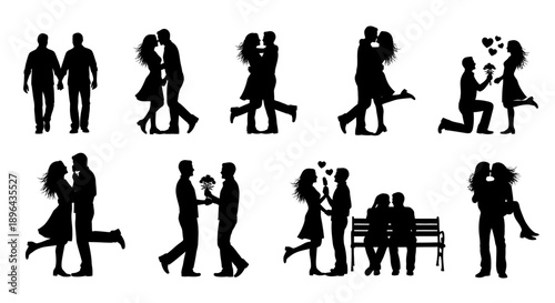 Couple dancing and embracing in various romantic poses and movements together