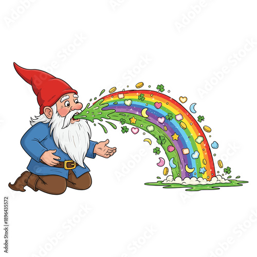 Whimsical gnome vomiting rainbow with stars and clovers