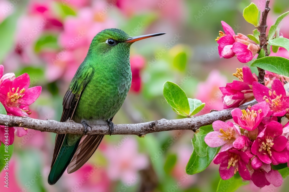Fototapeta premium Green hummingbird perching on branch with pink blossoms