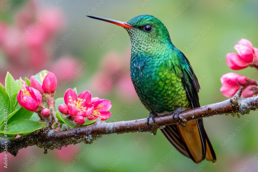 Obraz premium Hummingbird perched on branch with pink flowers