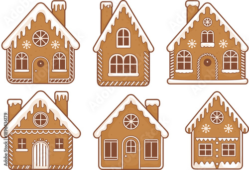 Gingerbread house illustration, festive holiday design, Christmas cookie architecture, winter treat art, icing decorated homes, cartoon seasonal buildings, sweet structure set