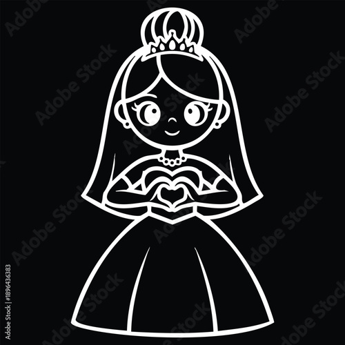 A simple, charming, minimalist illustration of a cartoon bride. The style is flat vector art with thick, clean black outlines. The bride is depicted from the torso up, centered in the frame. She has l