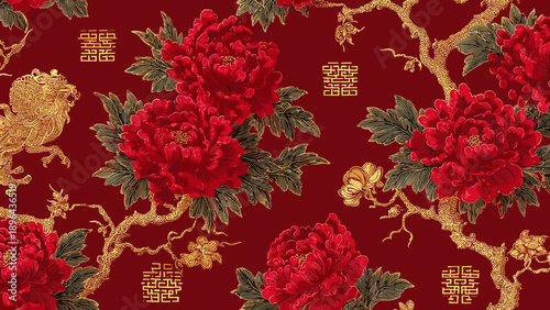 Traditional Chinese Red Peony Flower Pattern Fabric.